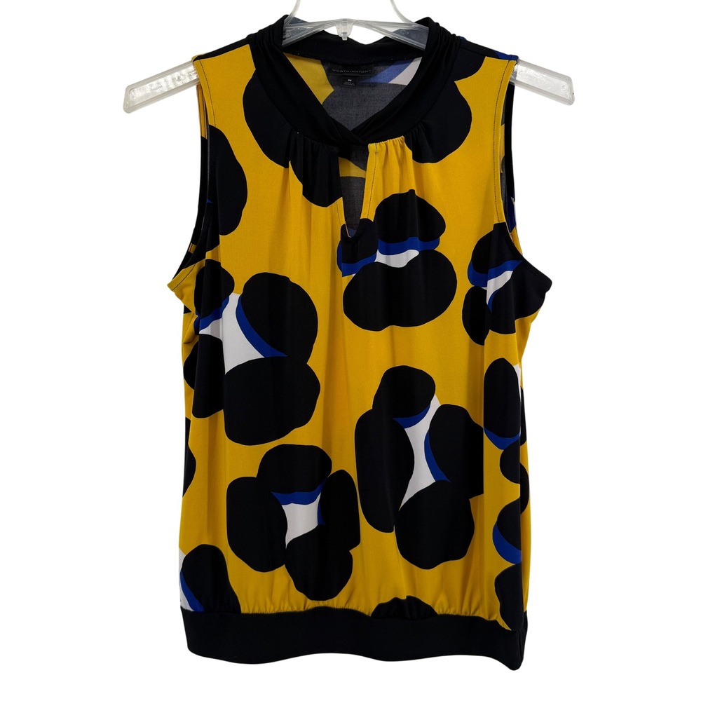 WORTHINGTON Women's Yellow Black Floral Sleeveless V-Neck Top Size Medium